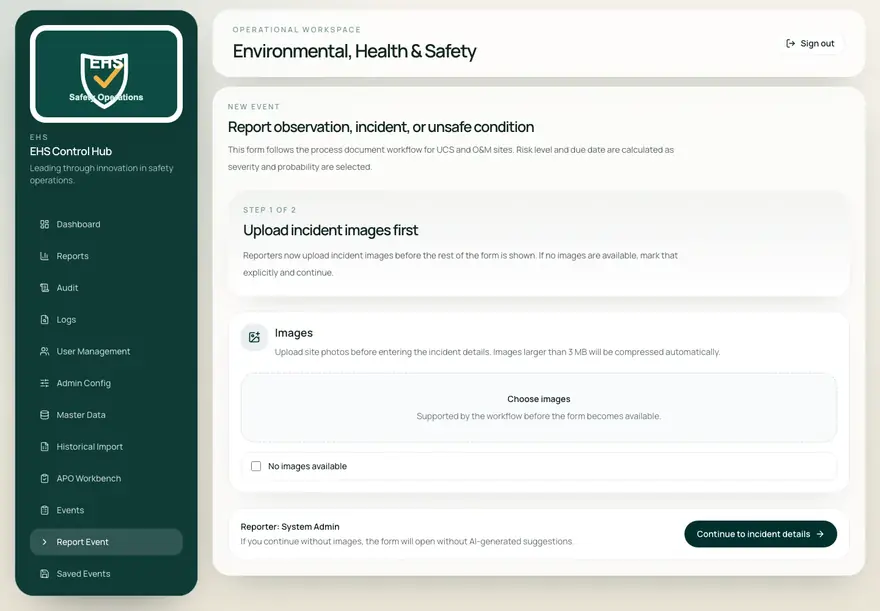 EHS report event screen, step one of two, showing the image upload panel