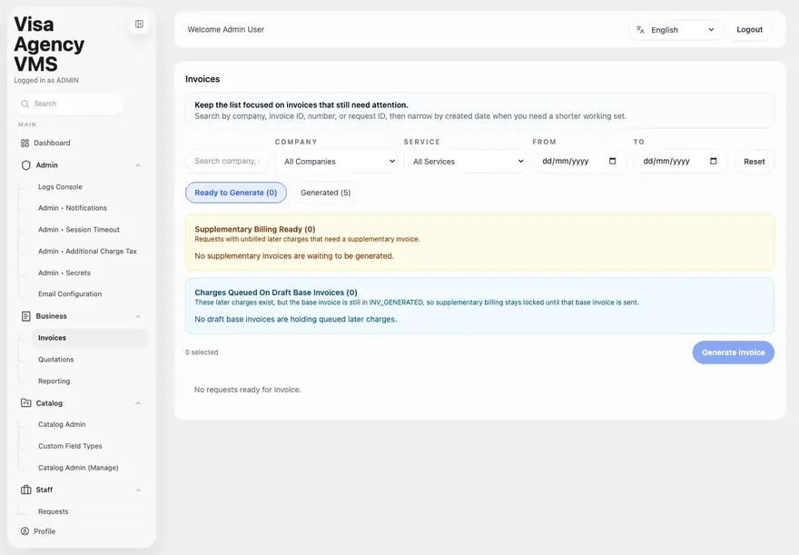 VMS Invoices screen with ready-to-generate, generated and supplementary billing panels